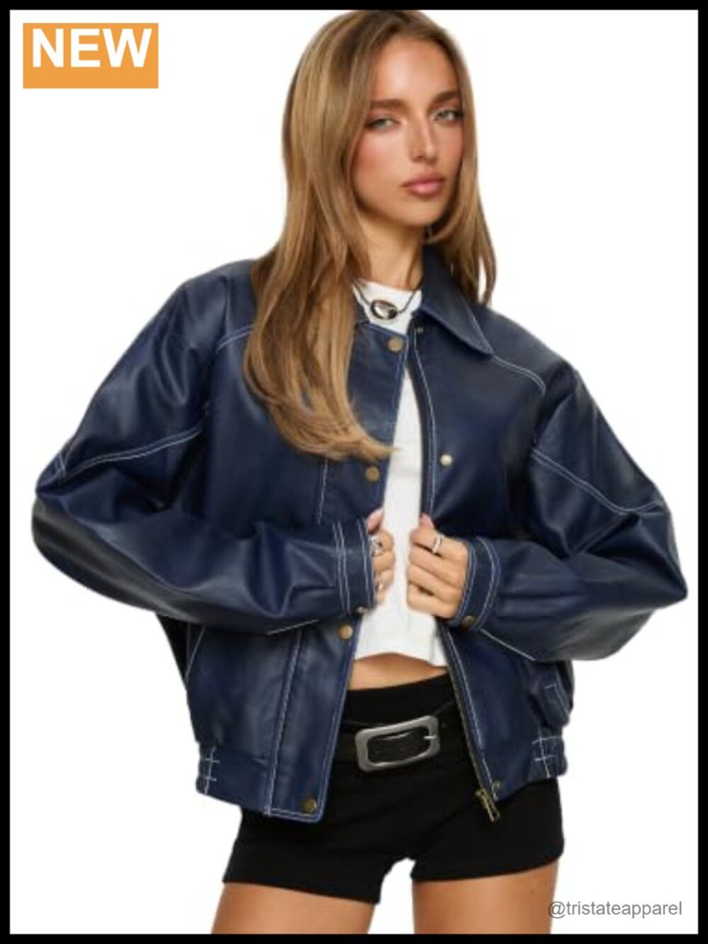 Faux Leather Moto Jacket Oversized Zip Up Women Coat